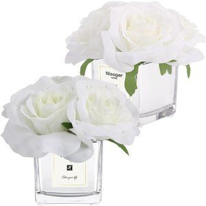 2 Pack Fake Flowers with Vase, Silk Roses Artificial Flowers in Vase